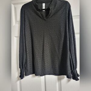 B - Womens Long Balloon Sleeves, Ruched Wrists,Black, Eyelet,V-Neck  Top, Size L